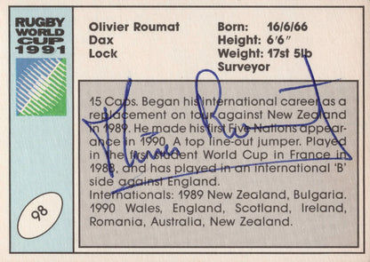 Olivier Roumat France Hand Signed Rugby 1991 World Cup Card Photo
