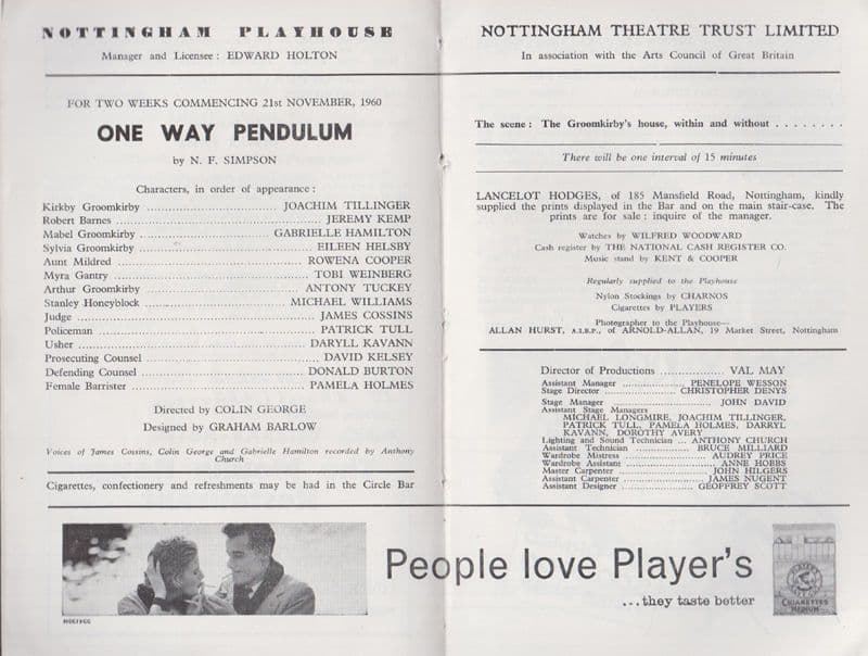 One Way Pendulum NF Simpson Nottingham Playhouse Theatre Programme