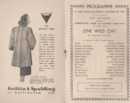 One Wild Oat Vernon Sylvaine Robertson Hare Nottingham Theatre Royal Programme