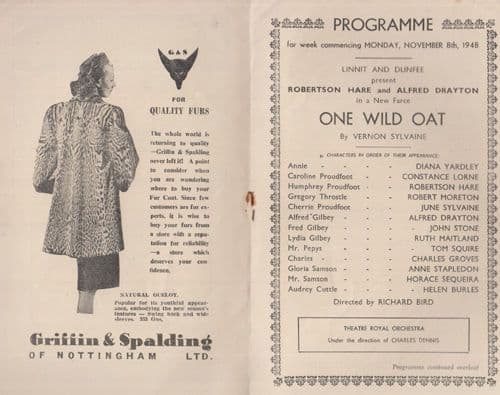 One Wild Oat Vernon Sylvaine Robertson Hare Nottingham Theatre Royal Programme