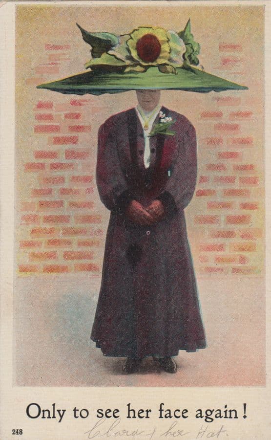 Only To See Her Face Again Hiding Head Giant Hat Old Comic Postcard