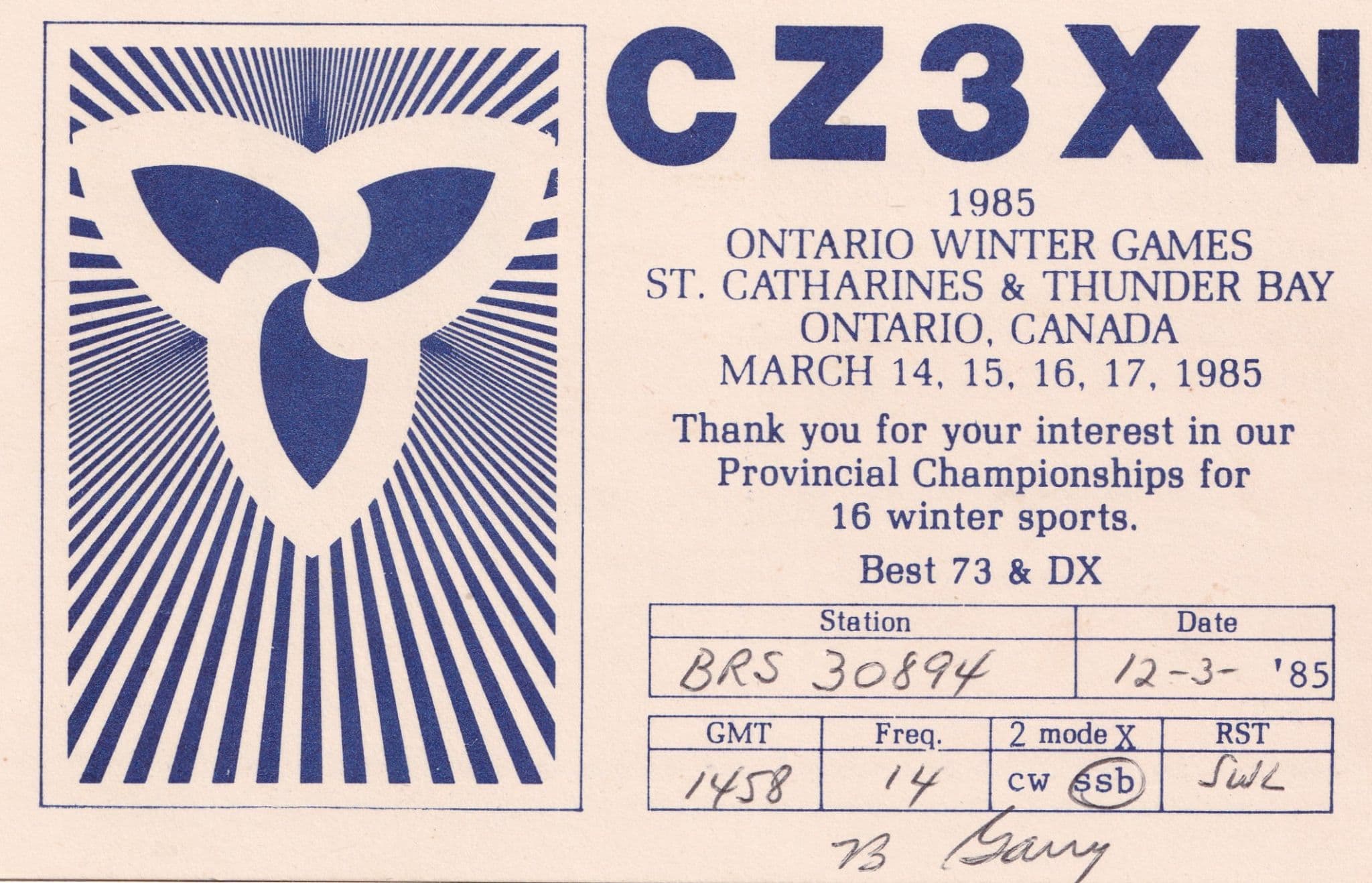 Ontario Winter Games St Catherines Radio Station Canada QSL Card