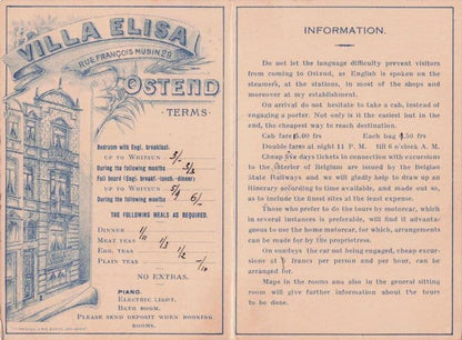 Ostend Villa Elisa Belgium Rare Hotel Fold Open Map Old Postcard