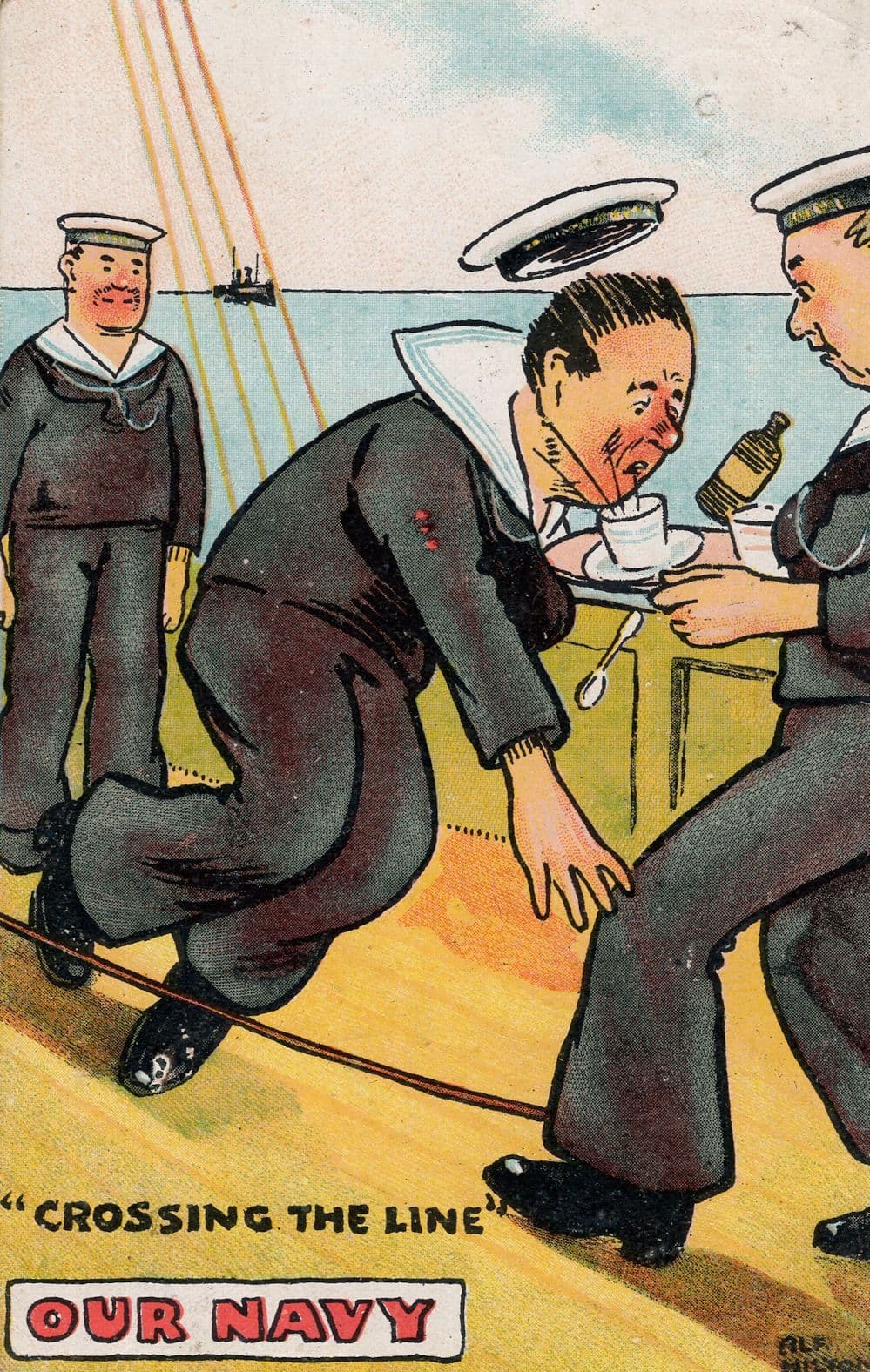 Our Navy Crossing The Line Seasick Sailor Vomiting Old Comic Postcard