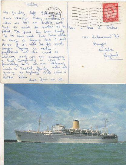 P&O Arcadia Sent From Ship Passenger 1961 2x Liner Postcard s
