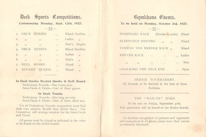 P&O Cruise Ship Yacht Ranchi Bridge Tennis Tournament 1927 Programme
