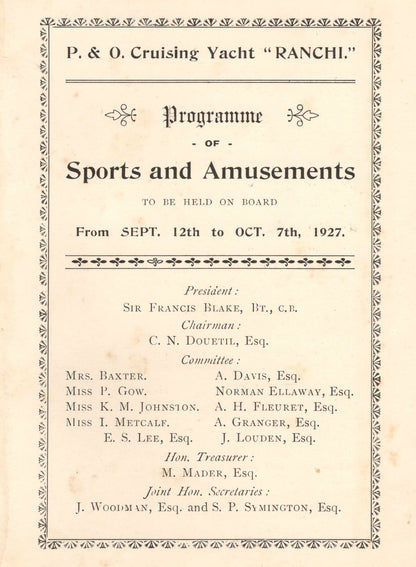 P&O Cruise Ship Yacht Ranchi Bridge Tennis Tournament 1927 Programme