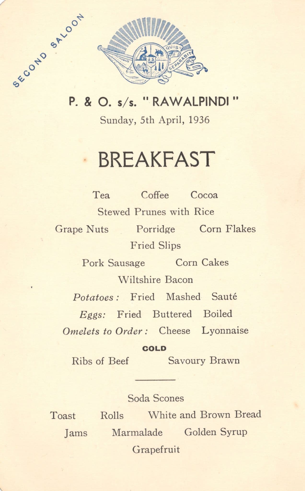 P&O RMS Rawalpindi Indian Ship Antique 1936 Breakfast Menu