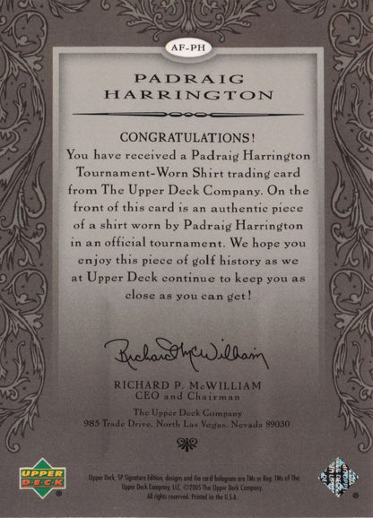 Padraig Harrington Authentic Fabrics 2005 SP Golf Upper Deck Worn Shirt Card
