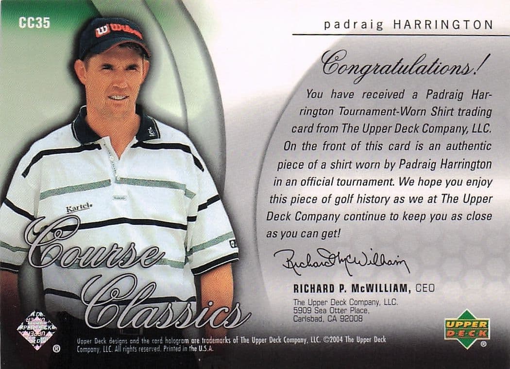 Padraig Harrington Course Classics 2004 Authentic Tournament Upper Deck Golf Shirt Card