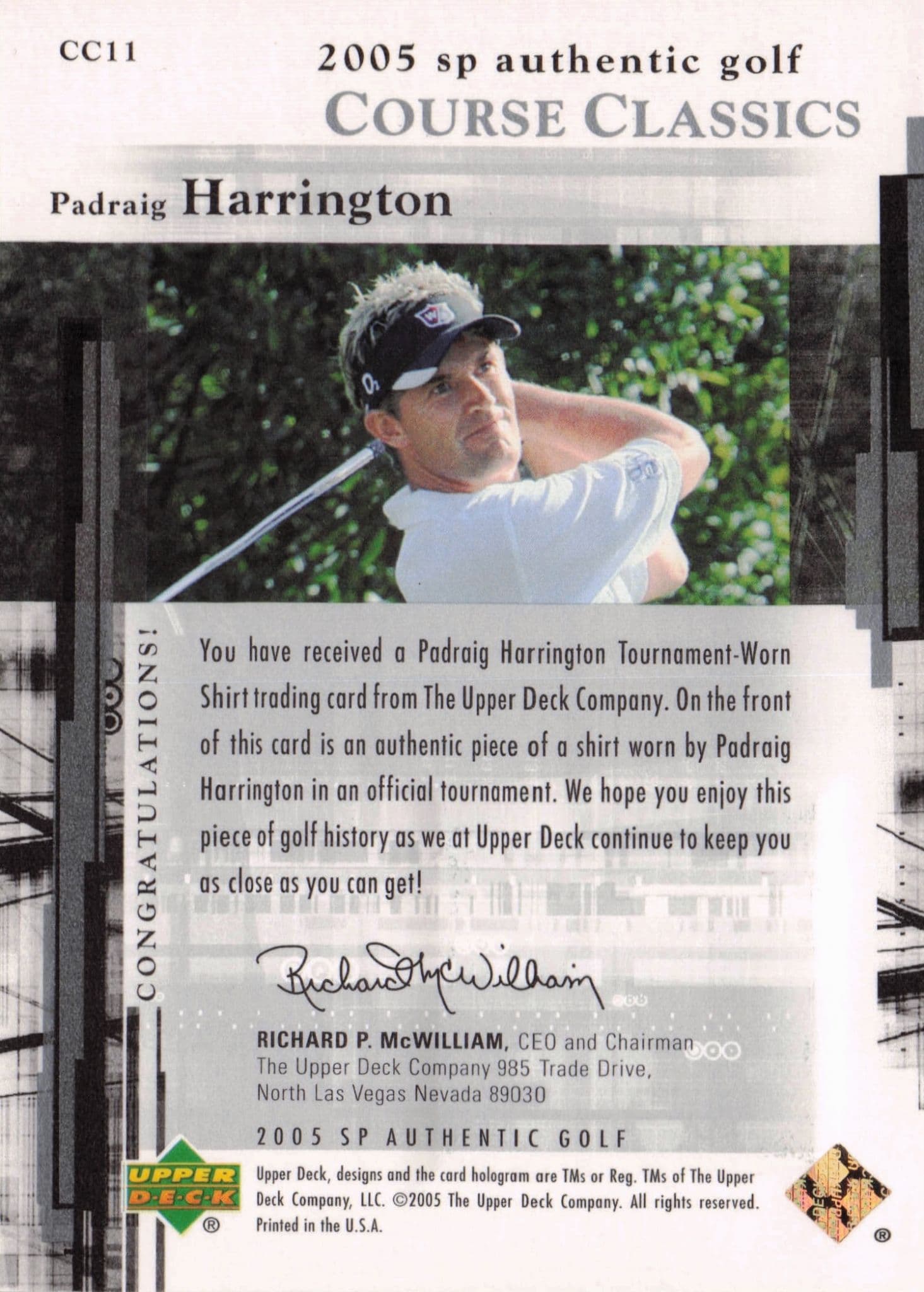 Padraig Harrington Course Classics 2005 Golf SP Upper Deck Worn Shirt Card