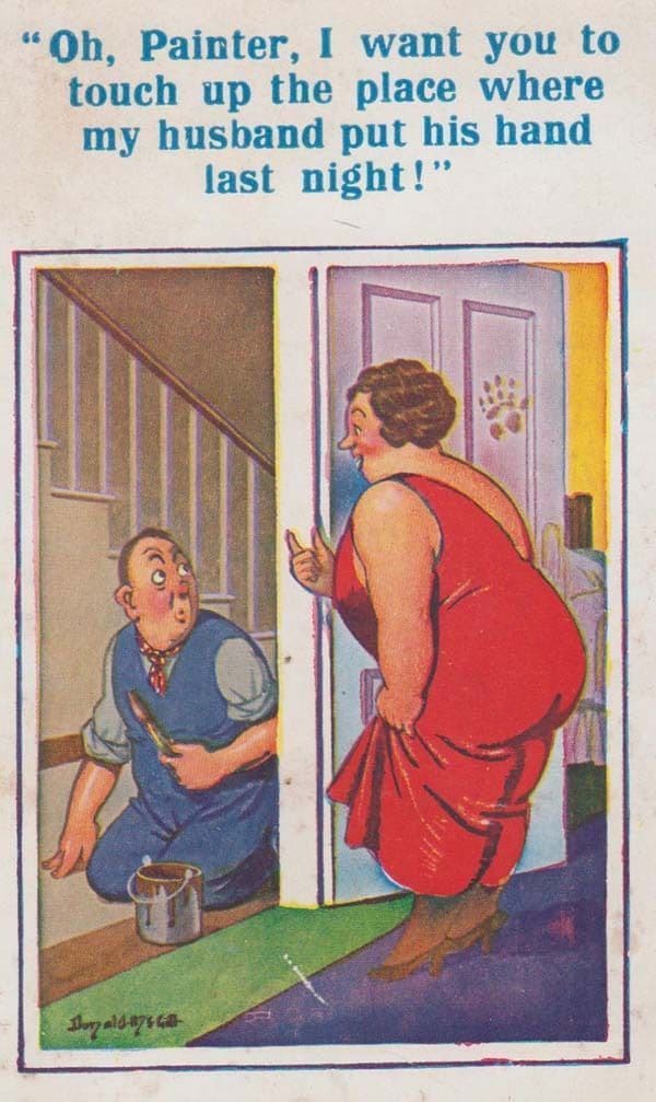 Painter Decorator Temptress Lady Tease Paint Lifting Red Dress Comic Postcard