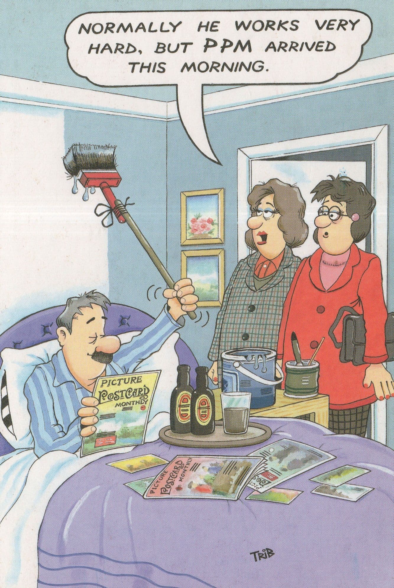 Painter Working In Bed Drinking Guiness Painting Comic Postcard