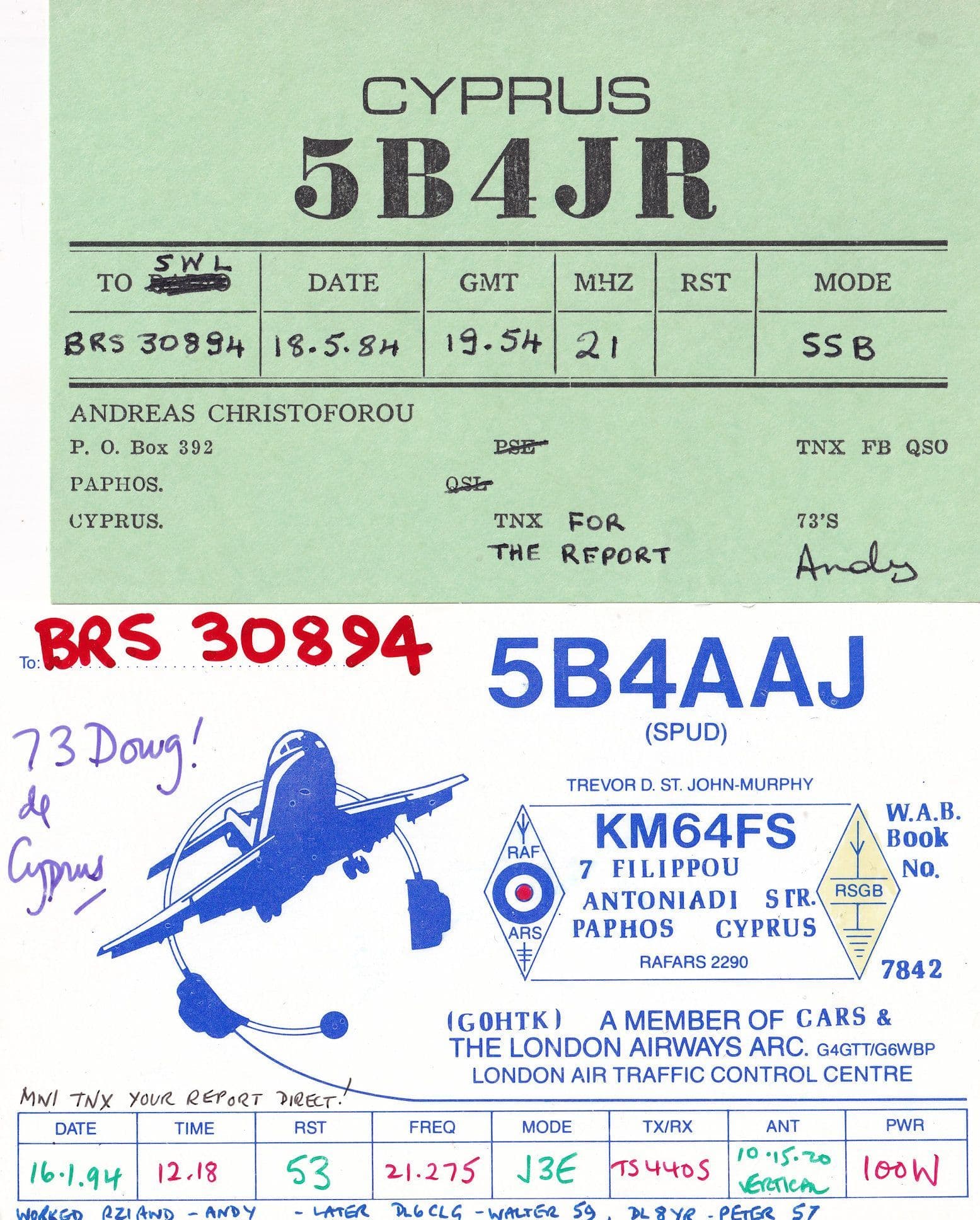 Paphos Cyprus incl Plane Aircraft 2x QSL Amateur Radio Card s