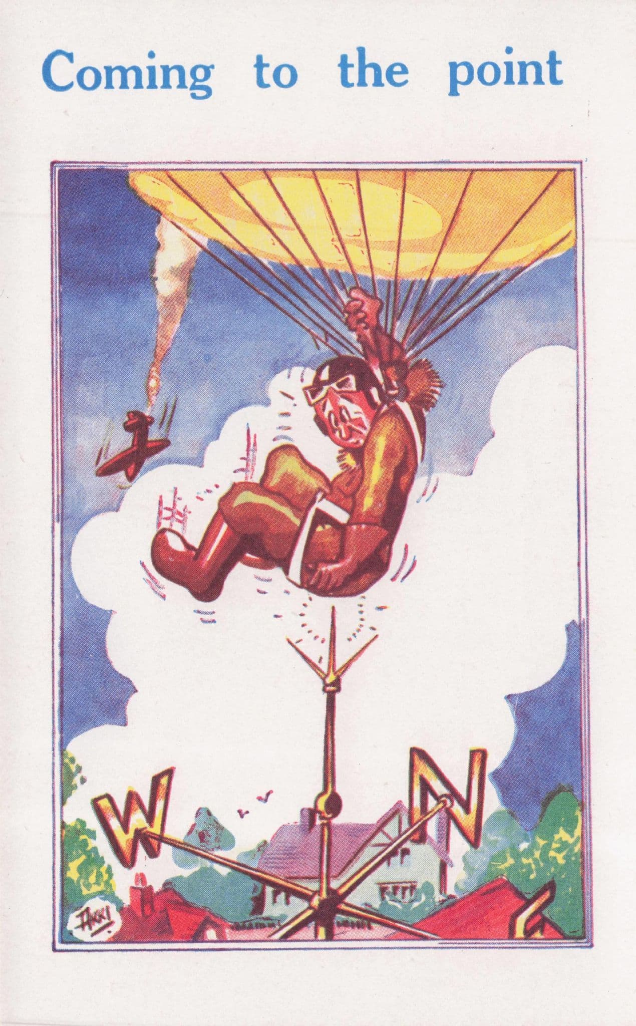 Parachute Hot Air Balloon Man Lands On Old Compass 1960s Comic Postcard
