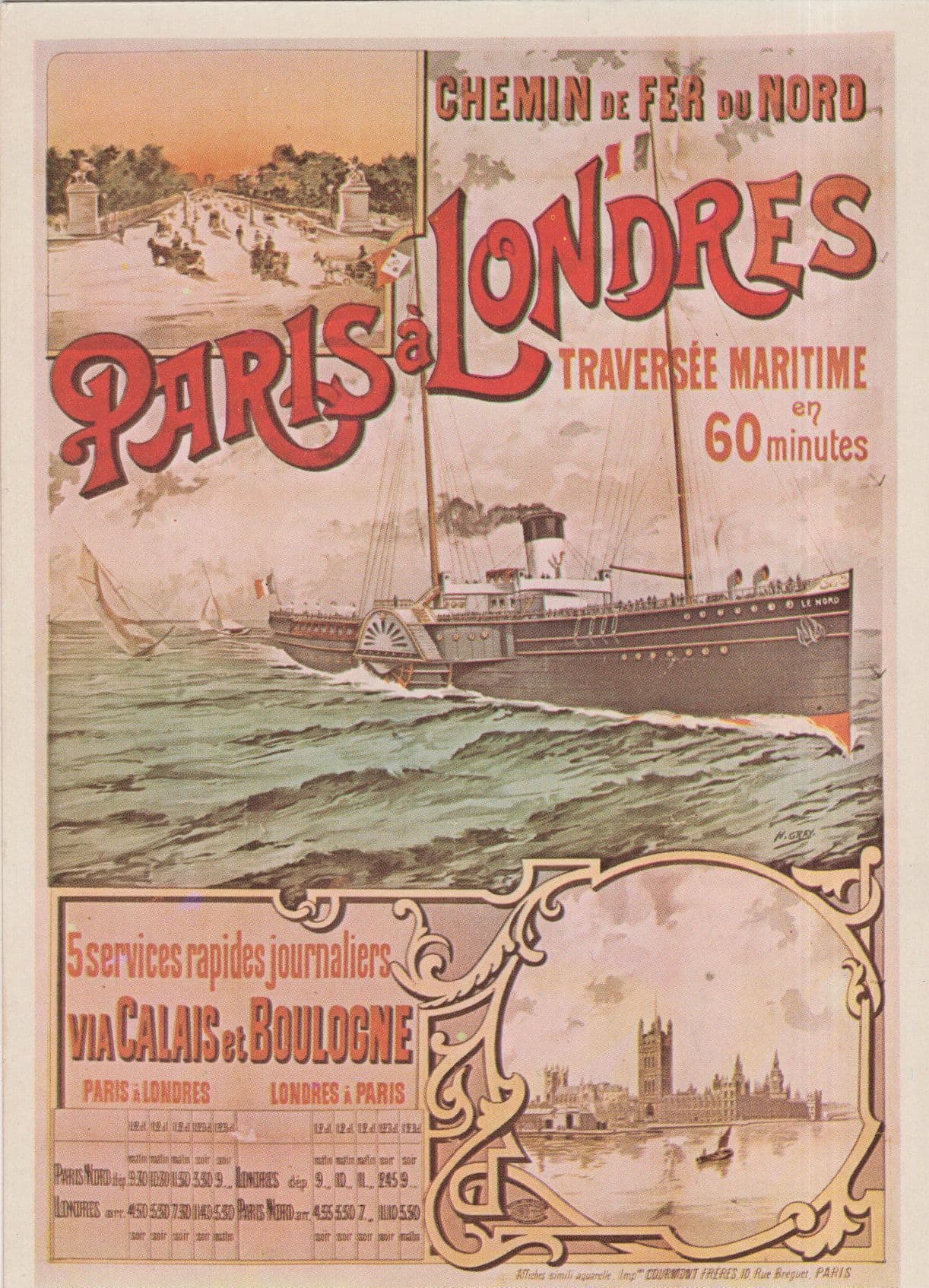 Paris A Londres Boulogne French Ship Travel Poster Postcard