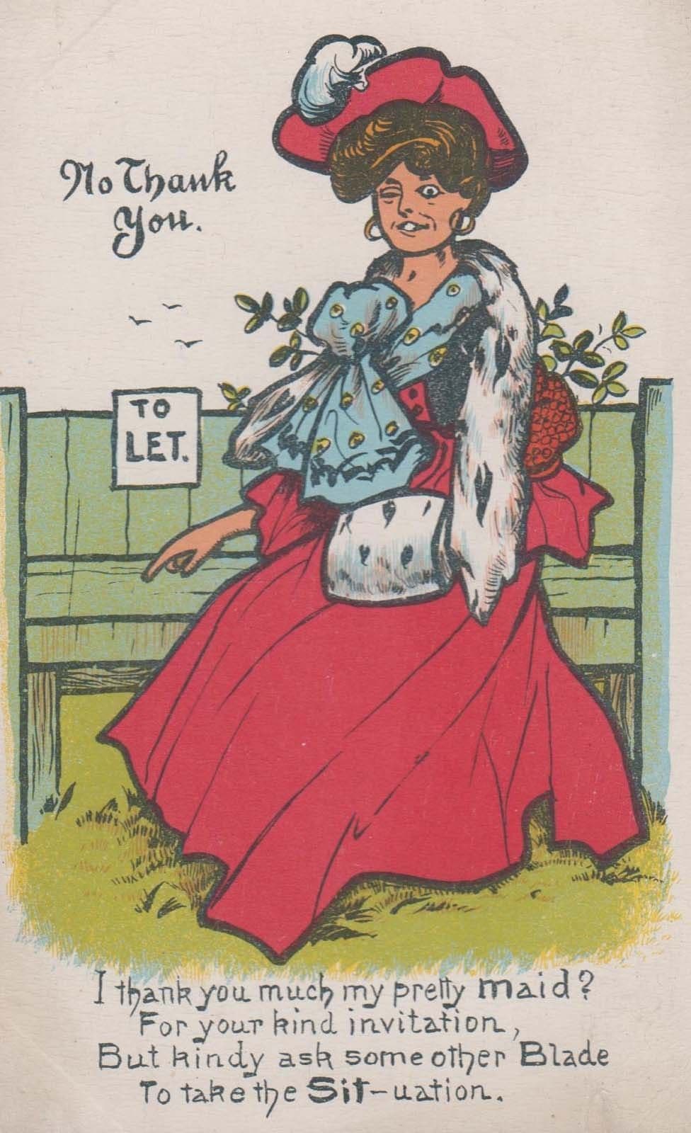 Park Bench To Let Lady Sitting On No Thank You Antique Comic Humour Postcard