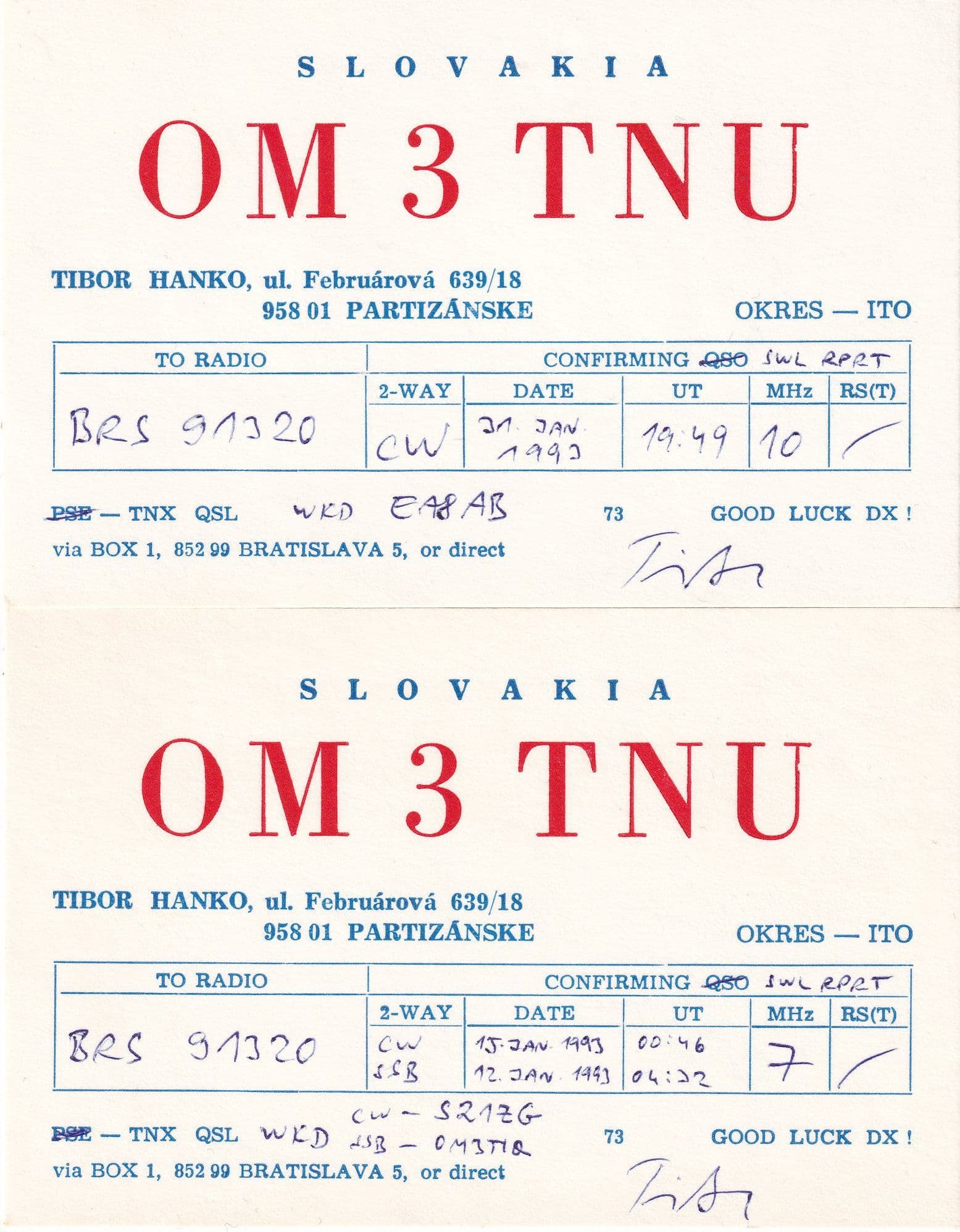 Partizanske Slovakia 2x QSL Radio Card s