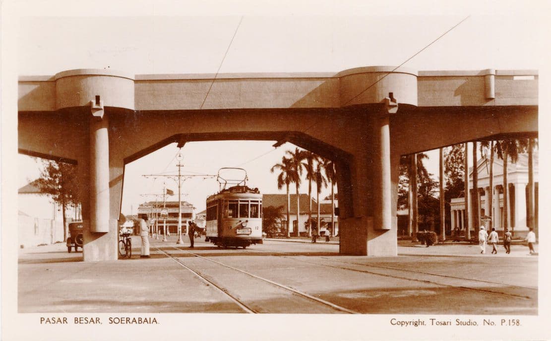 Pasar Besar Soerabaia Indonesia Transport Old Tram Real Photo Postcard