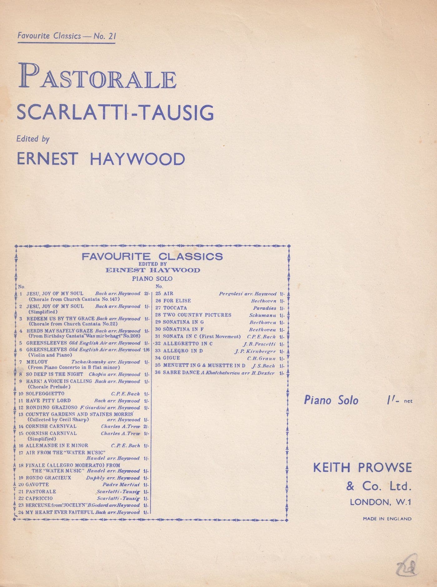 Pastorale Scarlatti Tausig Ernest Haywood Classical Sheet Music