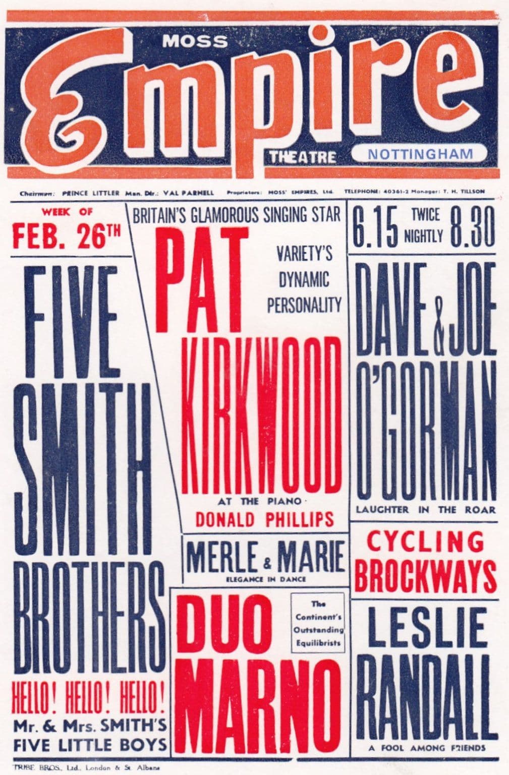 Pat Kirkwood The Five Smith Brothers Live Moss Empire Nottingham Theatre Poster Postcard