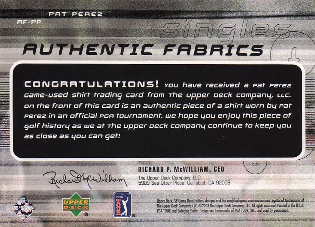 Pat Perez Authentic Fabrics Singles 2003 Golf Upper Deck Worn Shirt Card