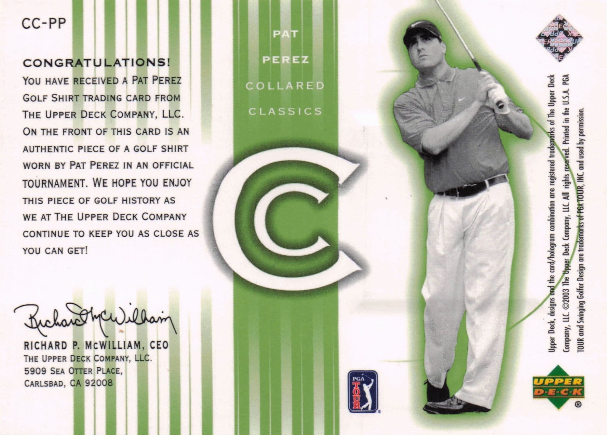 Pat Perez Collared Classics Golf Shirt Relic Upper Deck 2003 Card