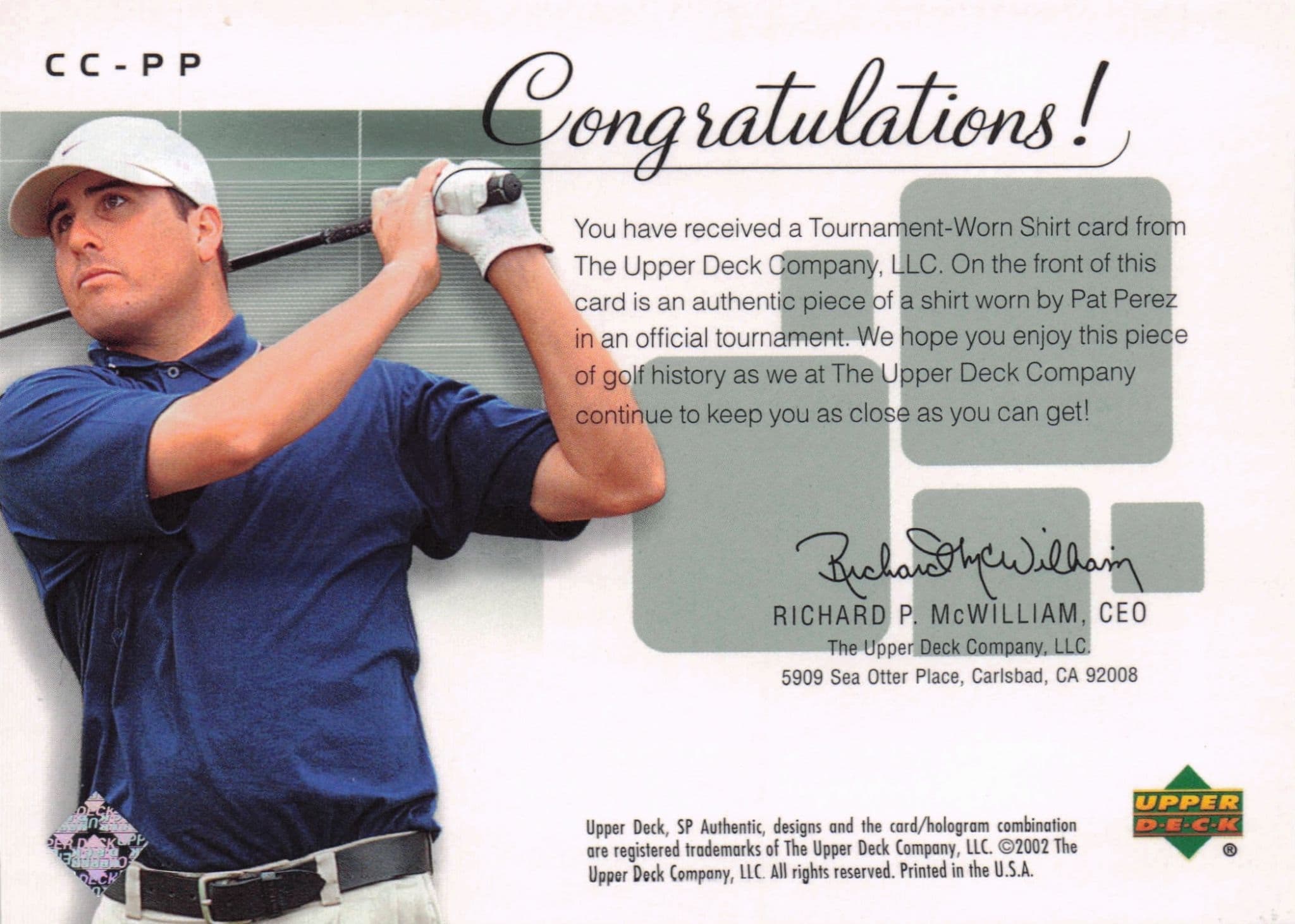 Pat Perez Course Classics 2002 Authentic Worn PGA Tour Golf Shirt Card