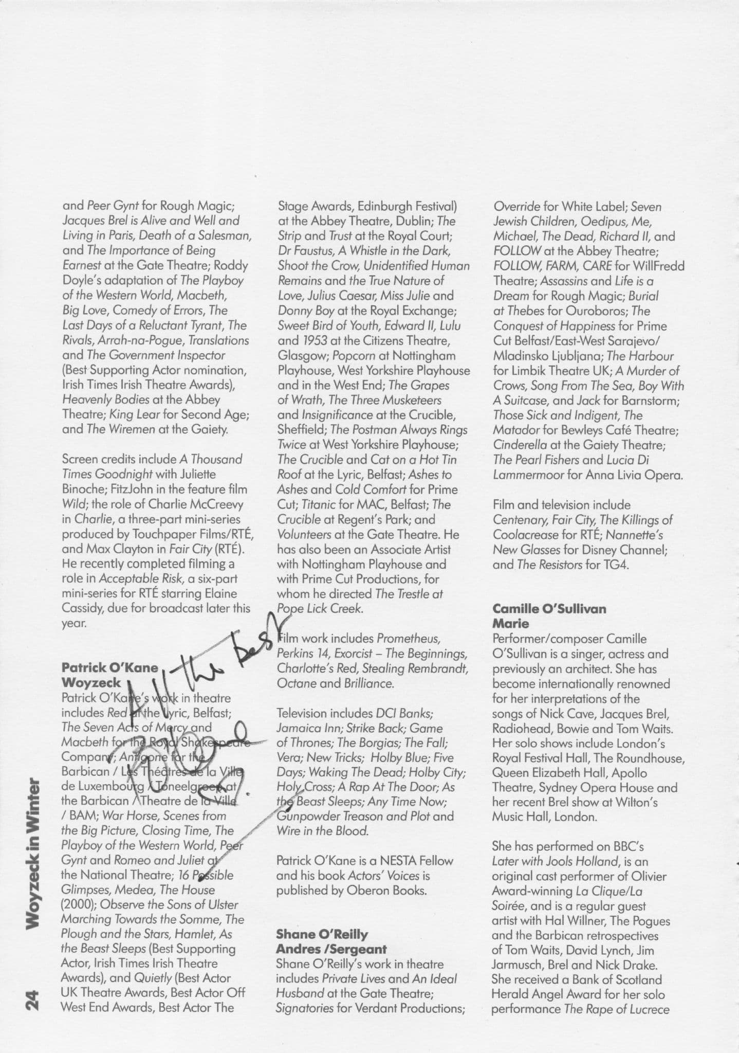 Patrick O'Kane Dr Who Hand Signed Theatre Page