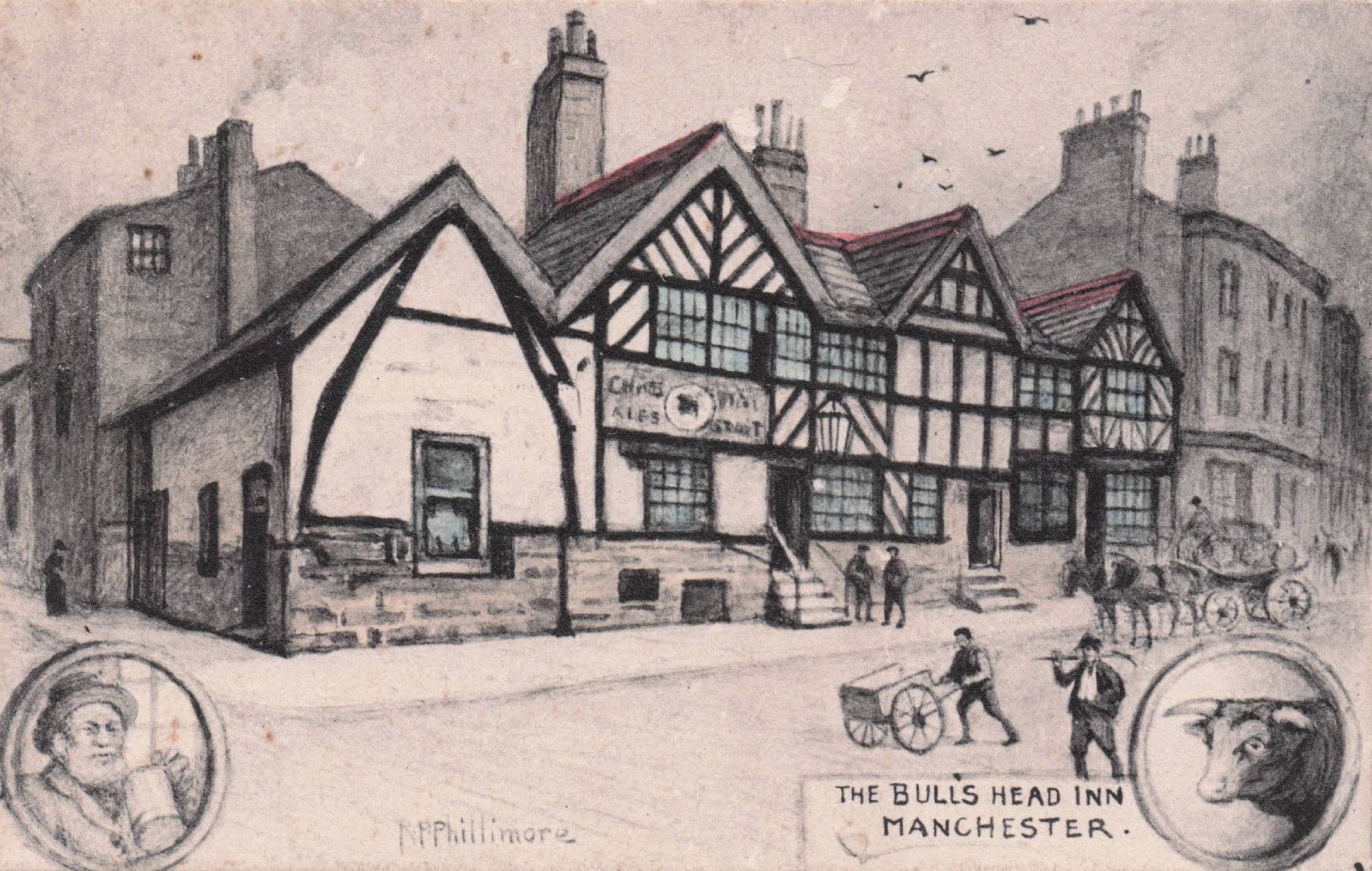 Patron at the Bulls Head Inn Manchester Pub Old Phillimore Painting Postcard