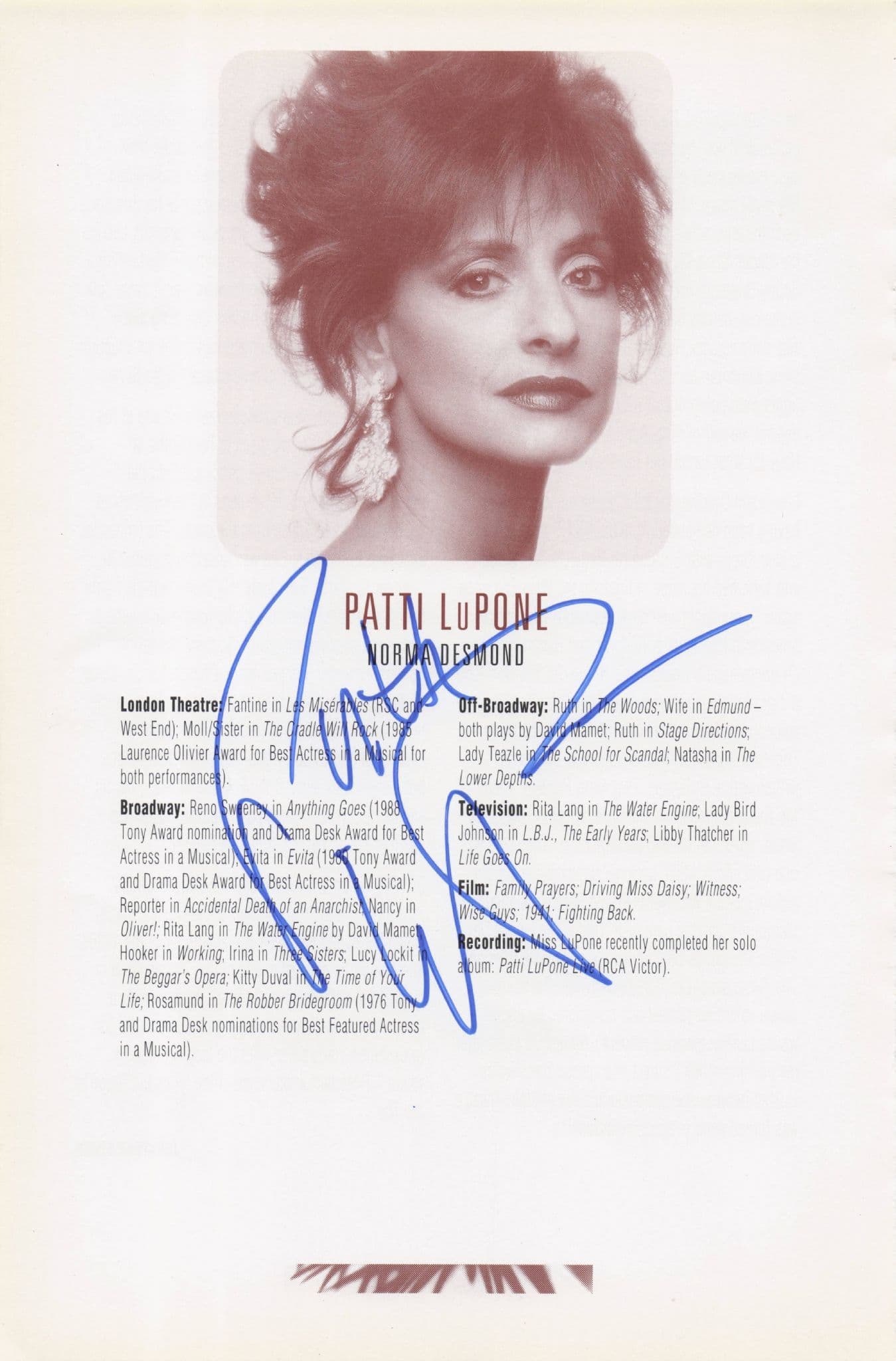 Patti LuPone Epic Singer Actress Hand Signed Photo Theatre Page