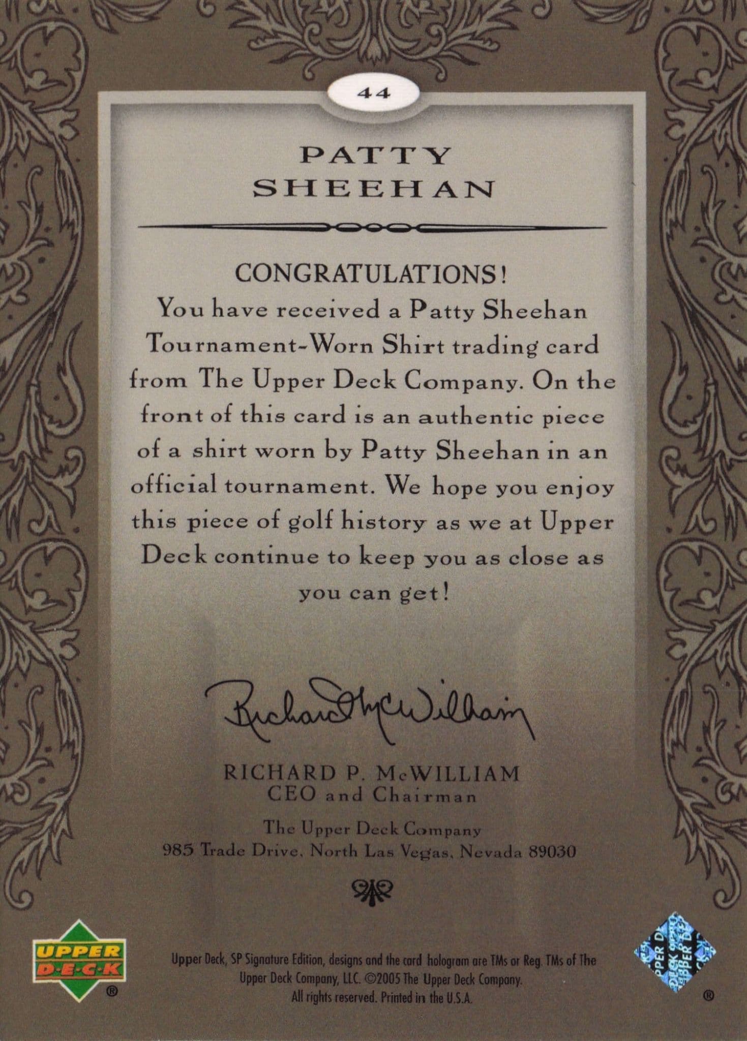 Patty Sheehan First Tee SP 2005 Golf Upper Deck Relic Shirt Card