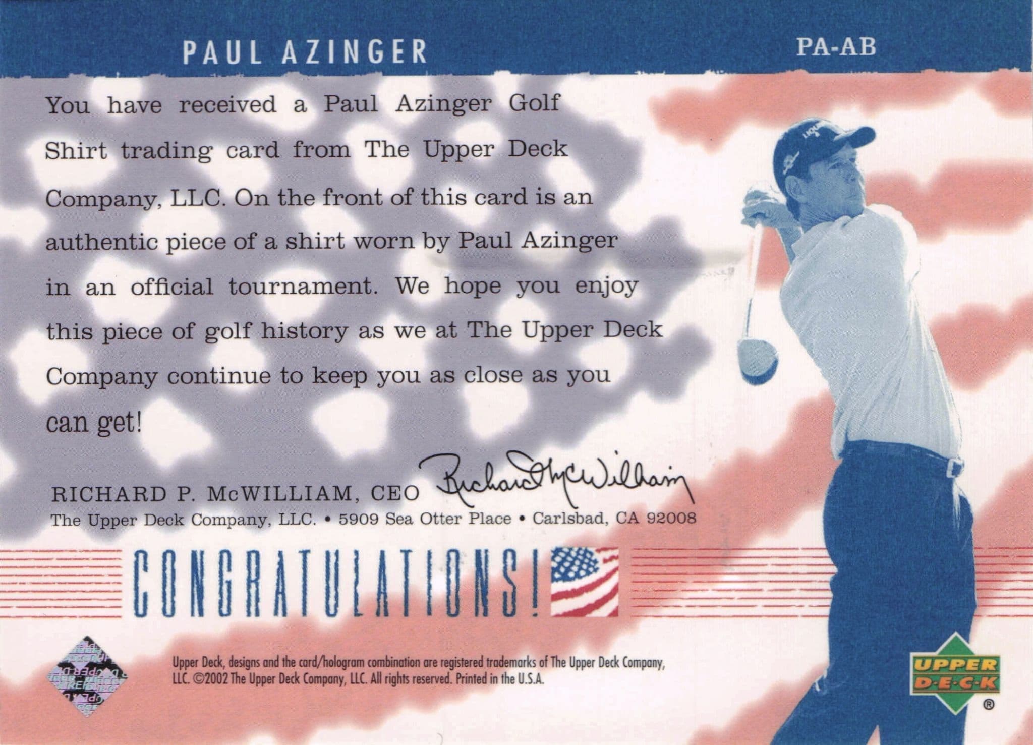 Paul Azinger America's Best 2002 Upper Deck Real Worn Golf Shirt Card