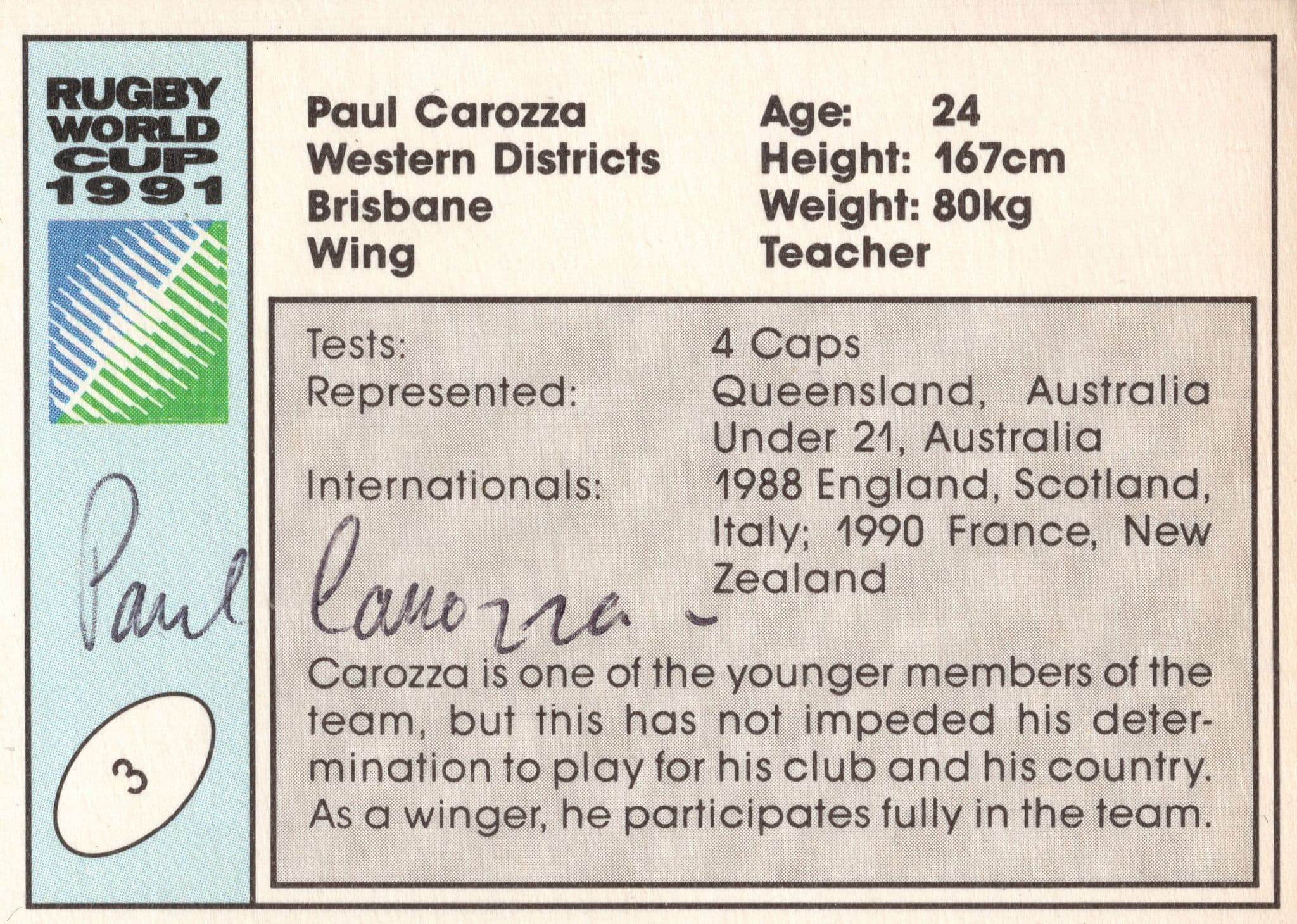 Paul Carozza Australia Hand Signed Rugby 1991 World Cup Card Photo