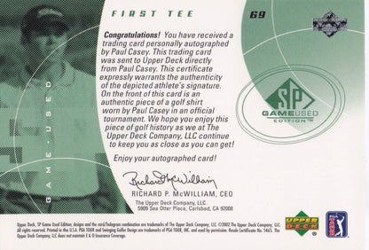Paul Casey First Tee 2002 Golf Upper Deck Hand Signed Worn Shirt Card