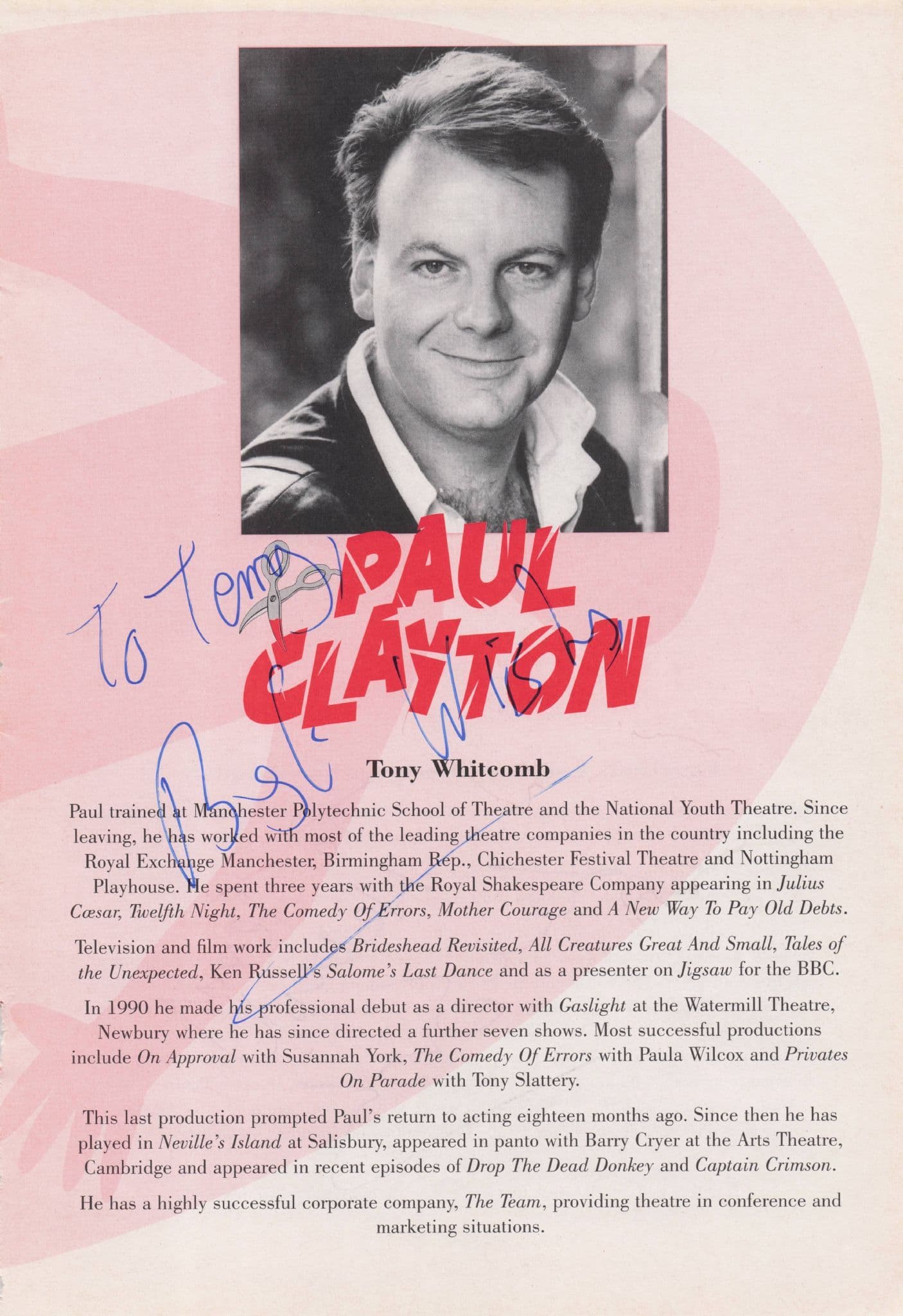 Paul Clayton of Dr Who Lee Simpson Hand Signed Theatre Photo Page