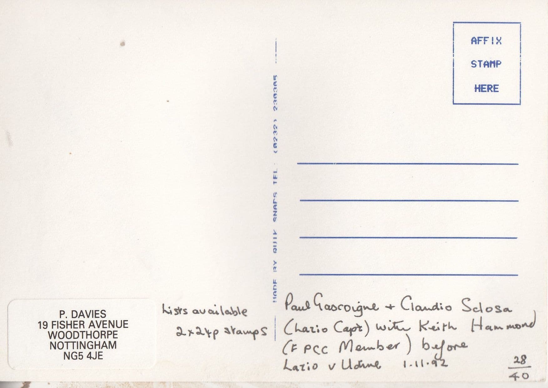 Paul Gascoigne In Pub With Claudio Sclosa Lazio Football Club 1992 Postcard