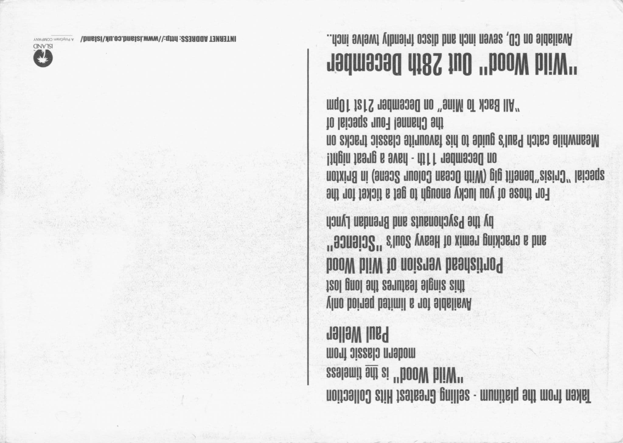 Paul Weller Wild Wood CD Launch Advertising Postcard