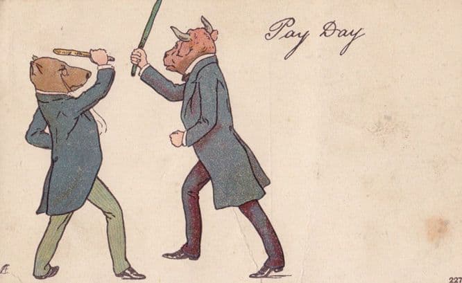 Pay Day 2x Dog Dressed in Suits Umbrellas Fighting Old Politics Comic Postcard