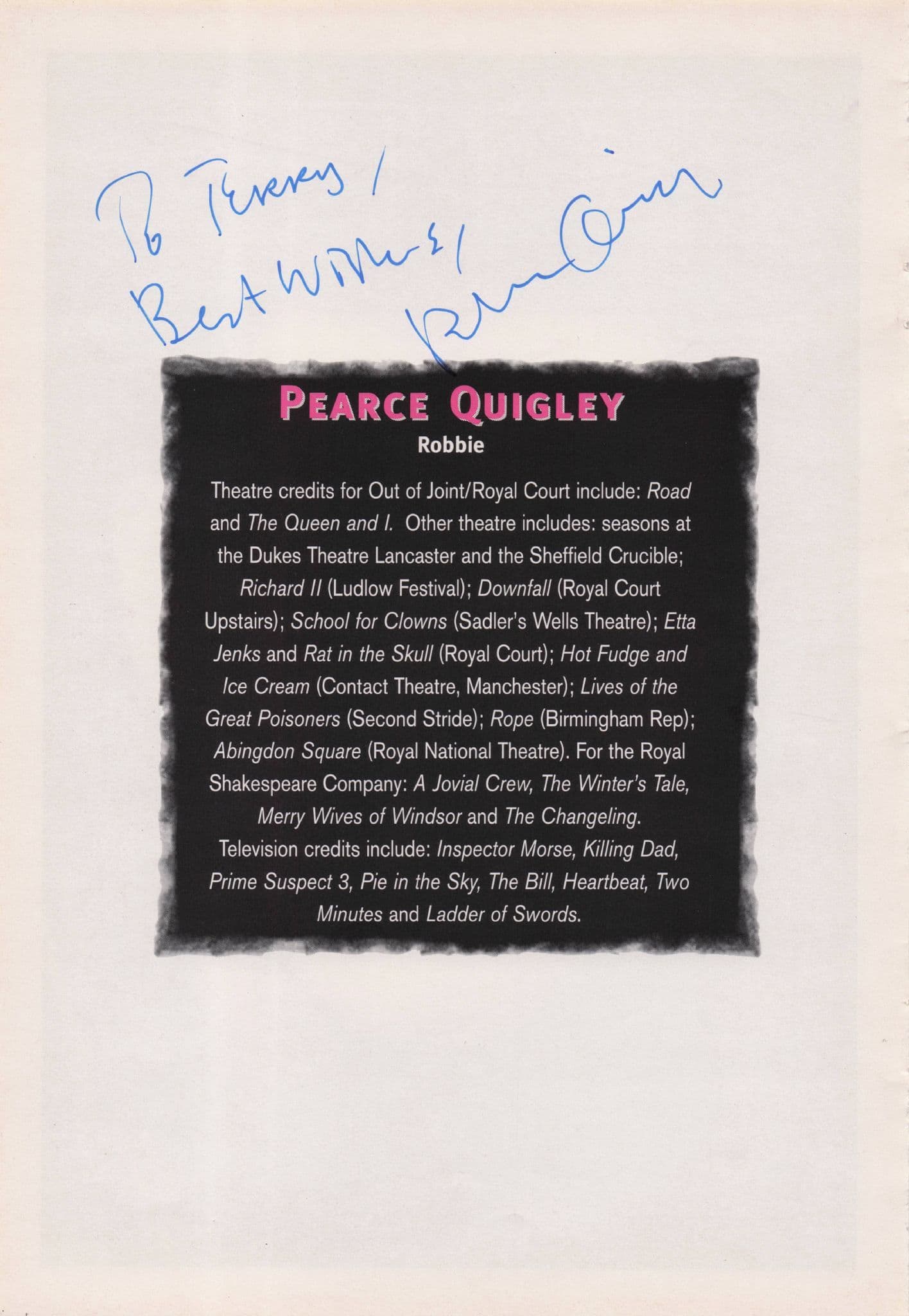 Pearce Quigley The Full Monty Folded Hand Signed Theatre Page