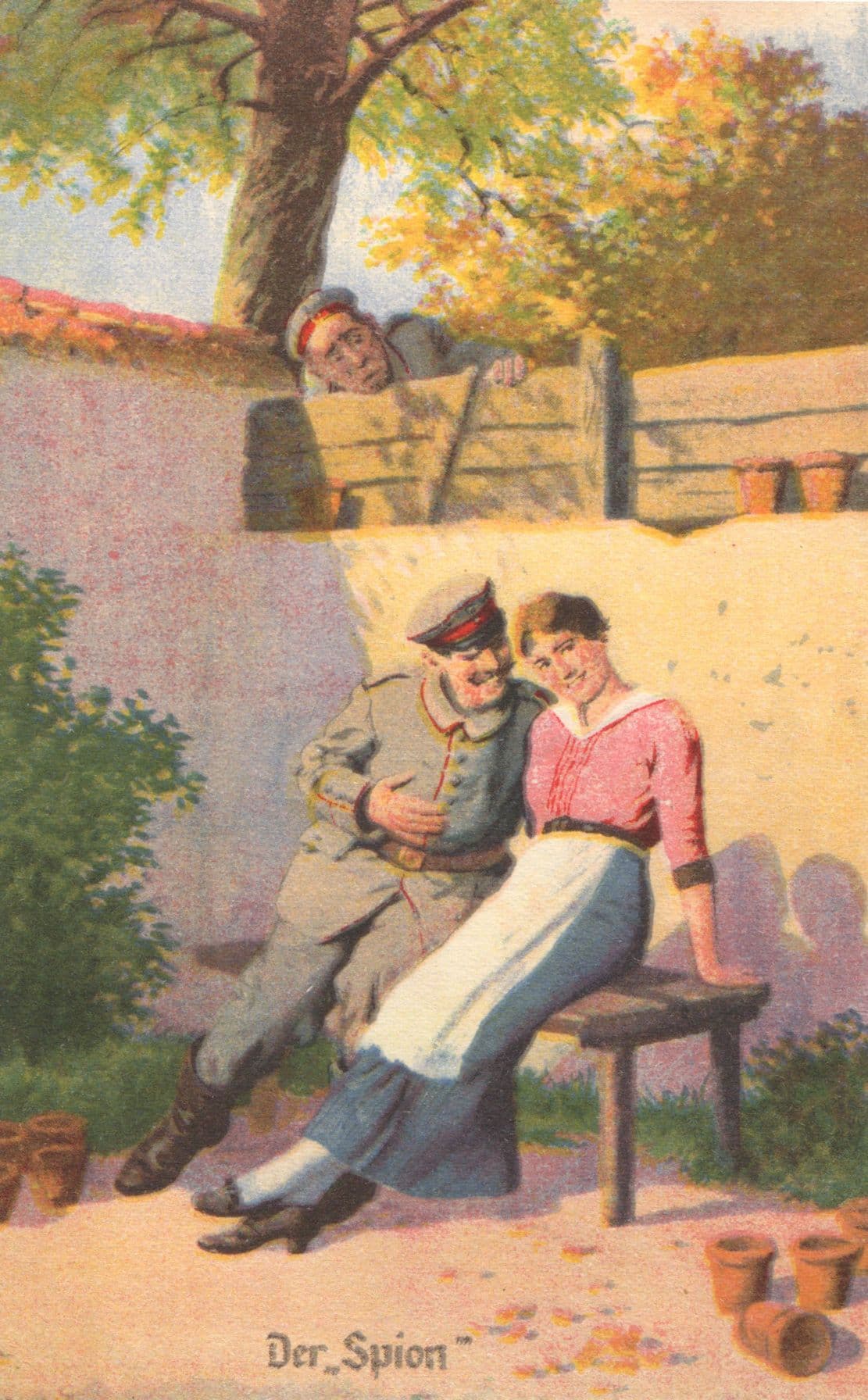 Peeping Tom Watching Randy German Soldier & Girl WW1 Painting Postcard