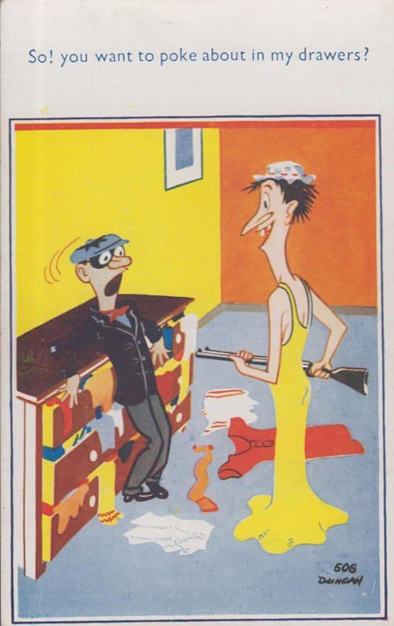 Peeping Tom With Laundry Knickers Fetish Caught By Lady & Gun Old Comic Postcard
