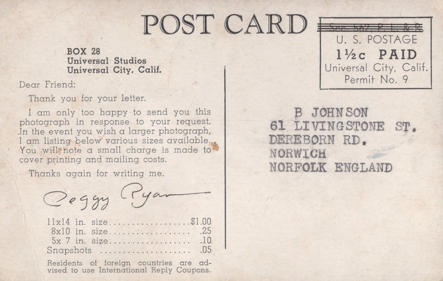Peggy Ryan Pre Printed Signed Autograph To Norwich Old Postcard