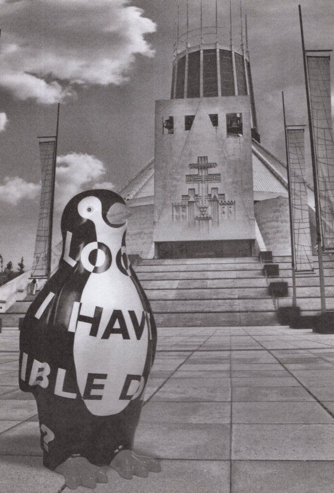 Penguin at Metropolitan Cathedral Liverpool Real Photo Postcard