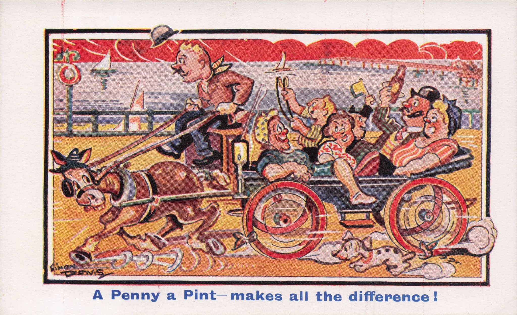 Penny Coin For A Pint Of Beer Racing Cart Transport Old Comic Postcard