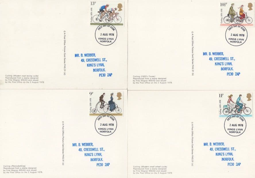 Penny Farthing 4x Kings Lynn Norfolk Bicycle FDC Postcard Set