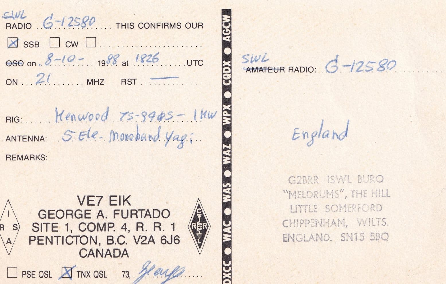 Penticton VE7EIK British Columbia Canada 1970s Radio QSL Card