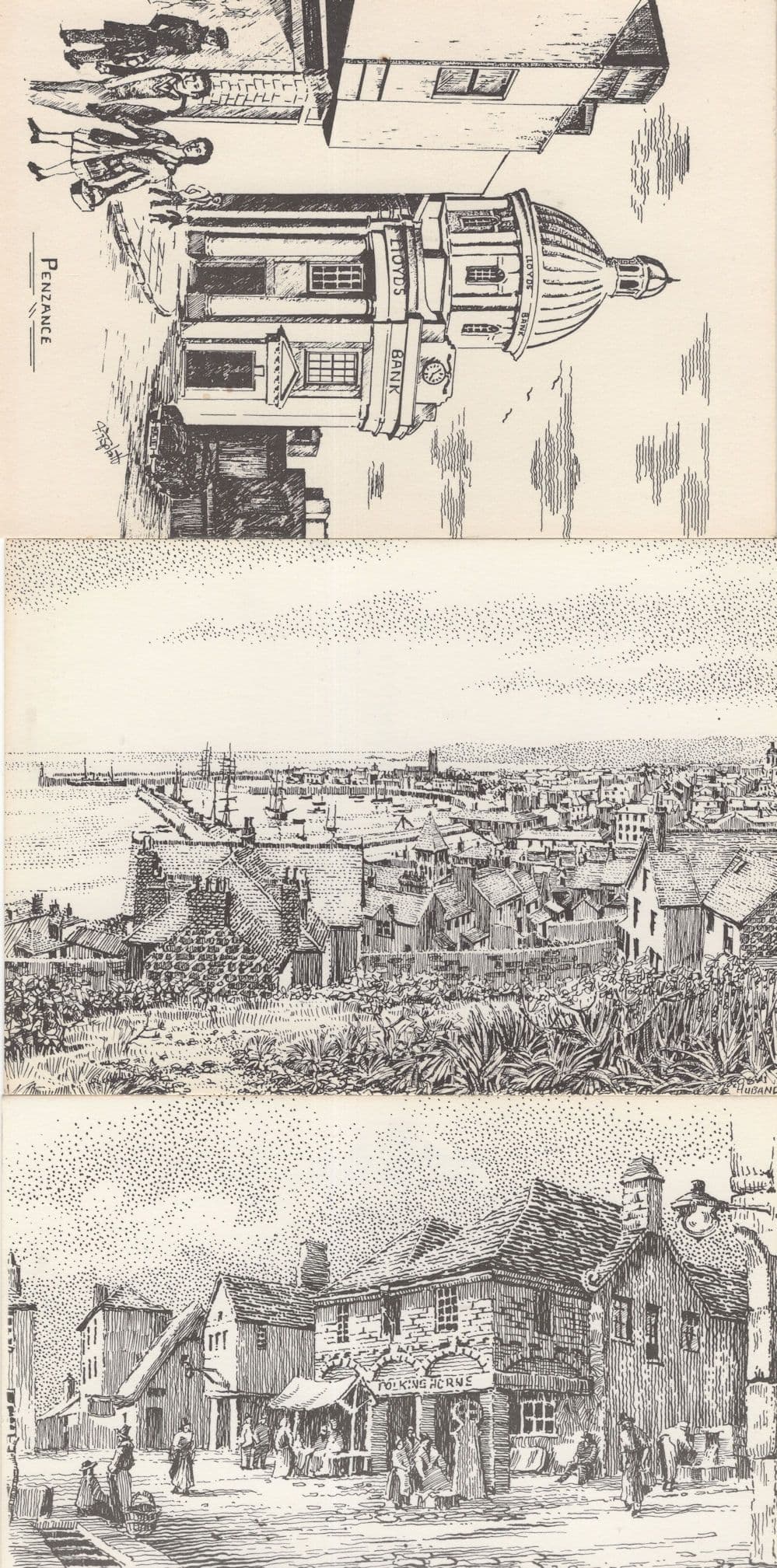Penzance Market Town Lloyds Bank Harbour 3x Sketch Cornwall Postcard s