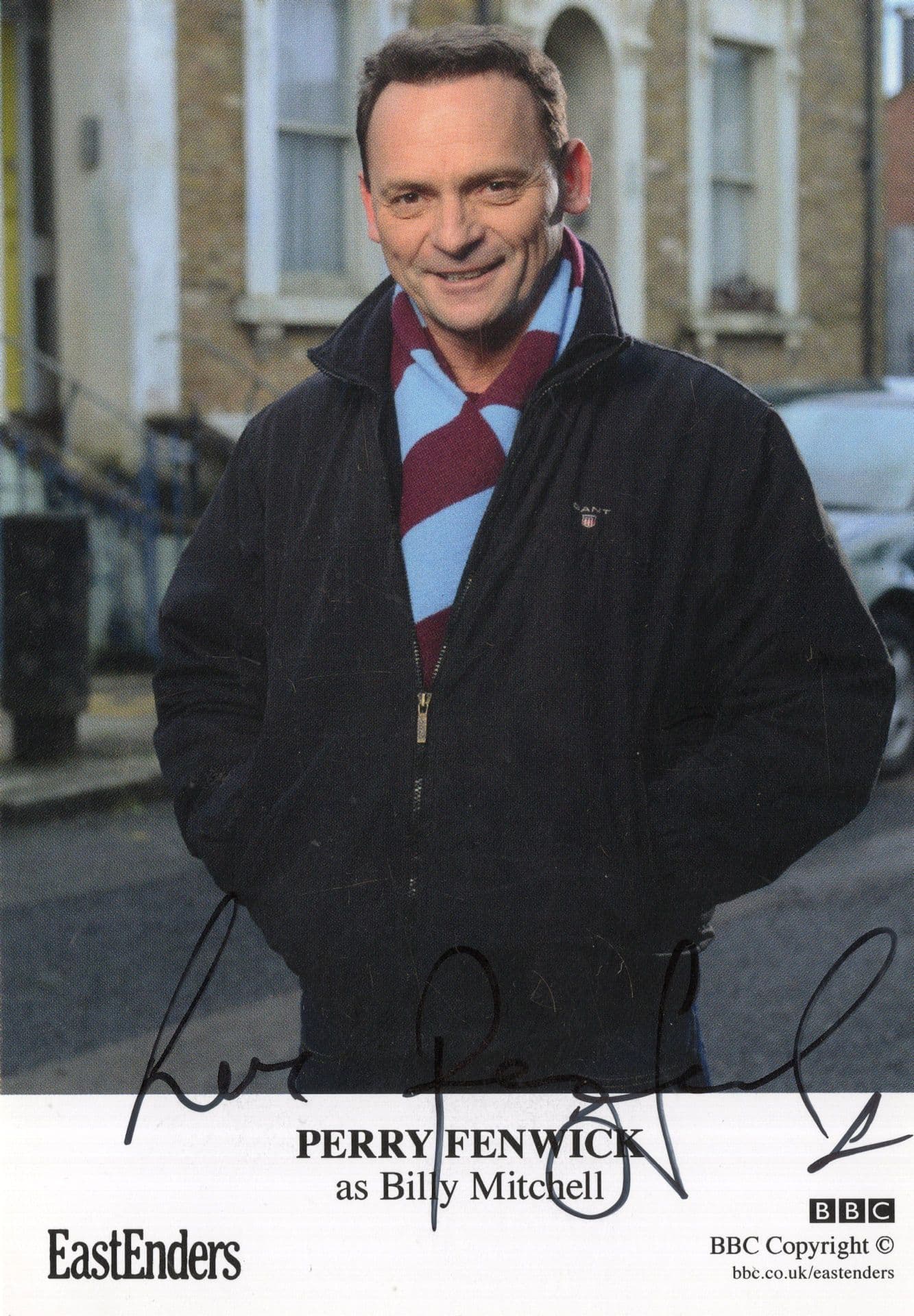 Perry Fenwick in West Ham FC Scarf Eastenders Hand Signed Cast Card Photo