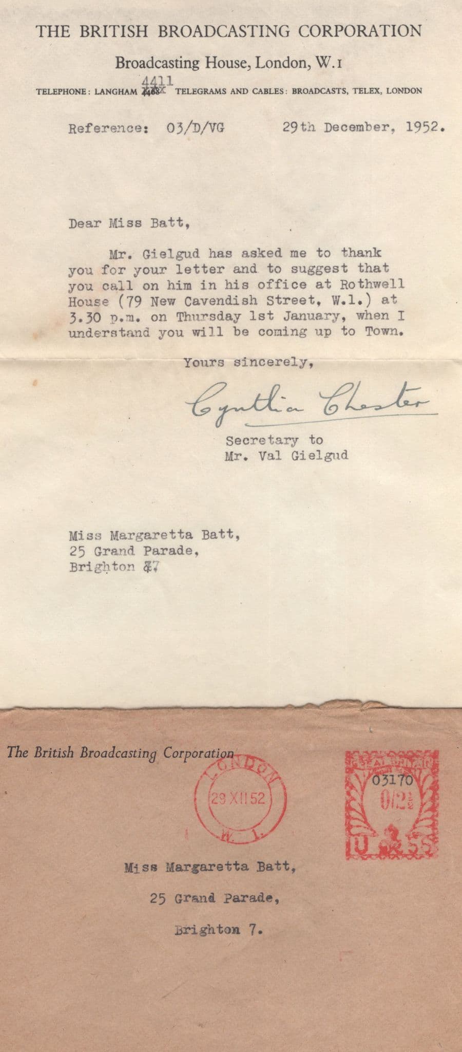 Personal Meeting With CBE Val Gielgud 1952 BBC Hand Signed Letter